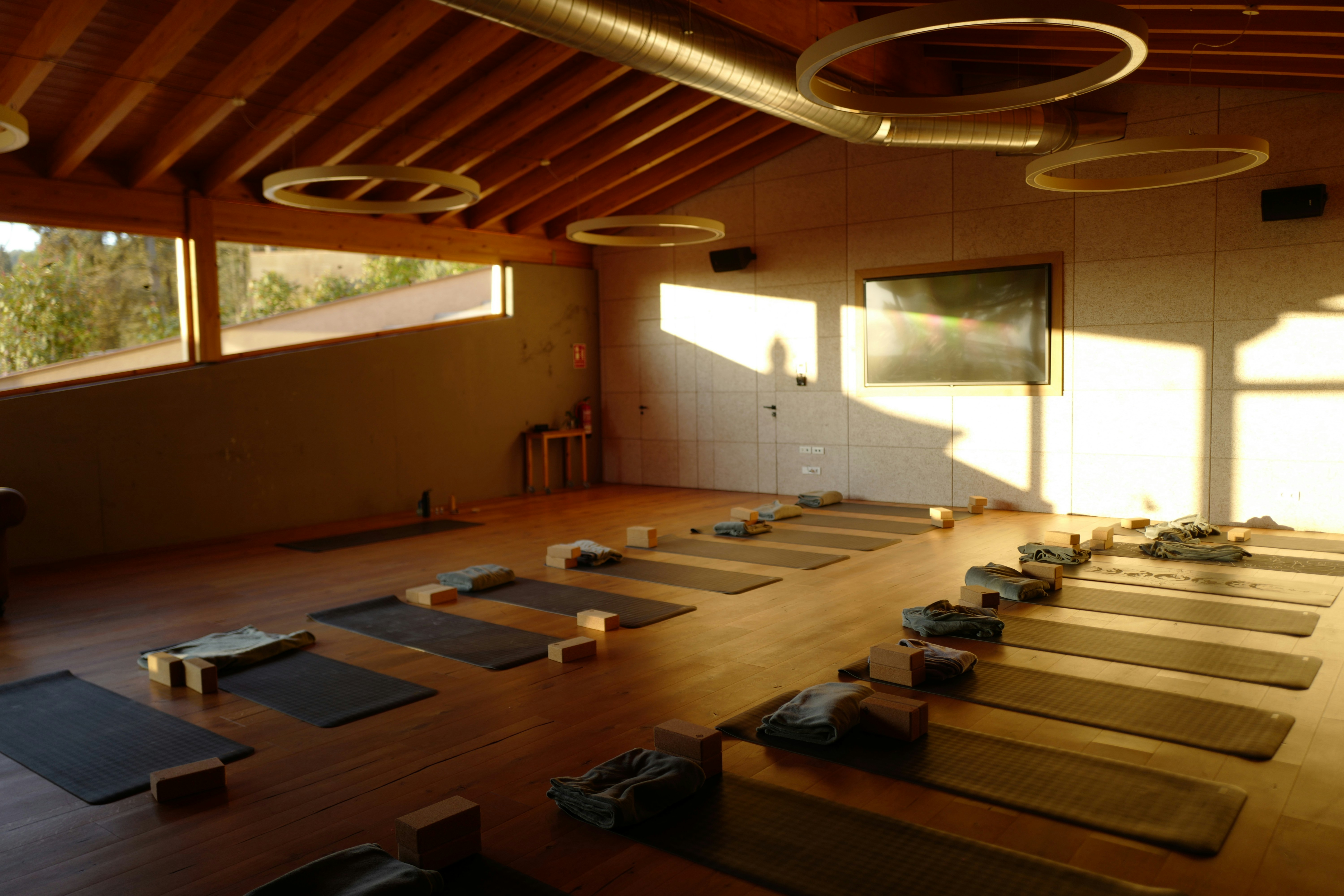 Sunlit yoga studio laid out with mats and blocks